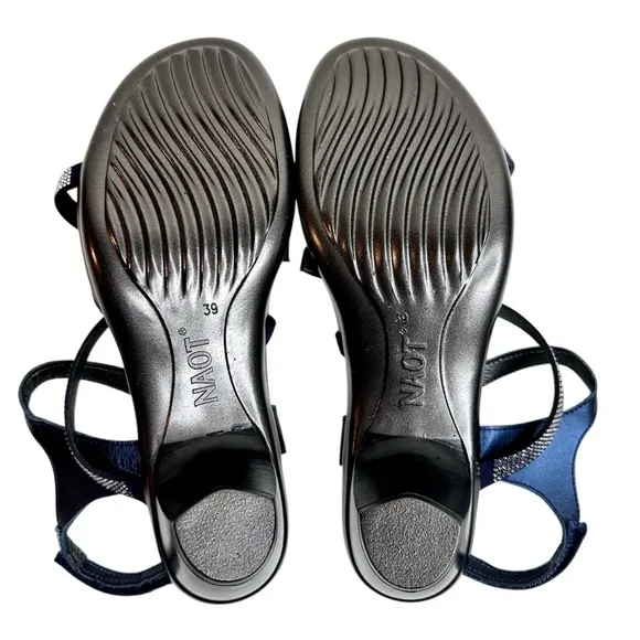 NEW NAOT Innovate Leather Rhinestone Detail Block Heel Dress Sandals Blue SZ 9