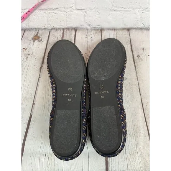 NEW! ROTHY'S blue brown gold check bow flat ballerina shoes 10