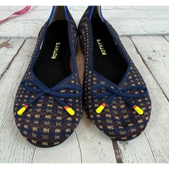 NEW! ROTHY'S blue brown gold check bow flat ballerina shoes 10