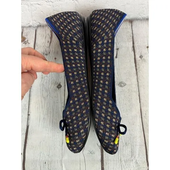 NEW! ROTHY'S blue brown gold check bow flat ballerina shoes 10