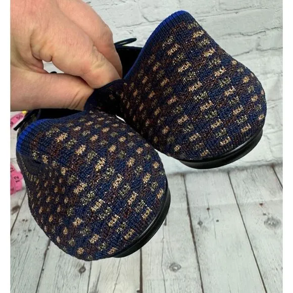 NEW! ROTHY'S blue brown gold check bow flat ballerina shoes 10