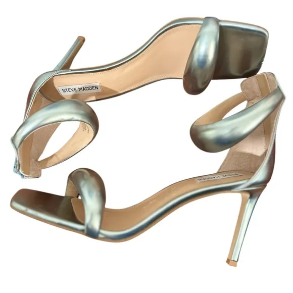 New Steve Madden Partay Metallic Green High Heel Sandals Padded Toe Sz 11