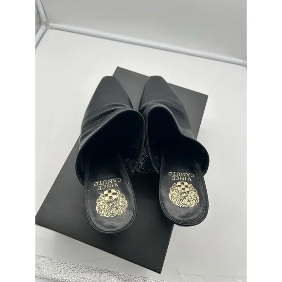 New Vince Camuto Carlie Leather Ruched Pointed Toe Block Heel Mule Black Sz 11M