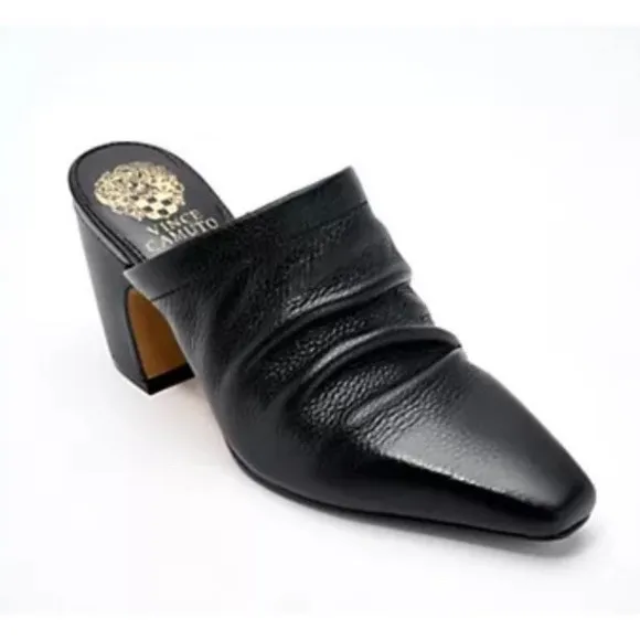 New Vince Camuto Carlie Leather Ruched Pointed Toe Block Heel Mule Black Sz 11M
