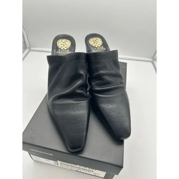 New Vince Camuto Carlie Leather Ruched Pointed Toe Block Heel Mule Black Sz 11M