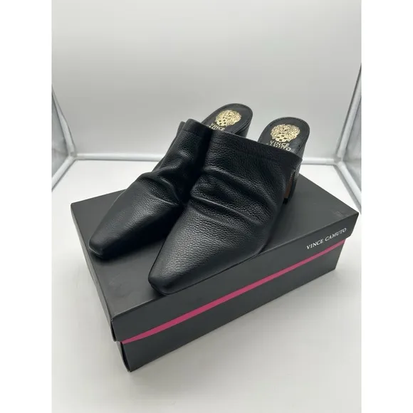 New Vince Camuto Carlie Leather Ruched Pointed Toe Block Heel Mule Black Sz 11M