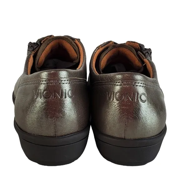 New Vionic abigail leather womens pewter metallic lace zip comfort sneakers