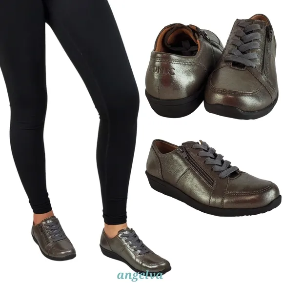 New Vionic abigail leather womens pewter metallic lace zip comfort sneakers