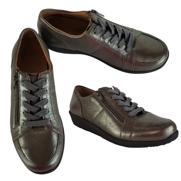 New Vionic abigail leather womens pewter metallic lace zip comfort sneakers