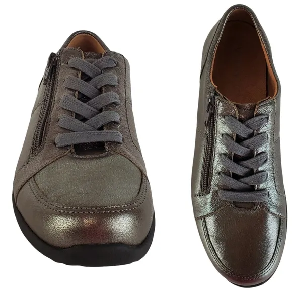 New Vionic abigail leather womens pewter metallic lace zip comfort sneakers