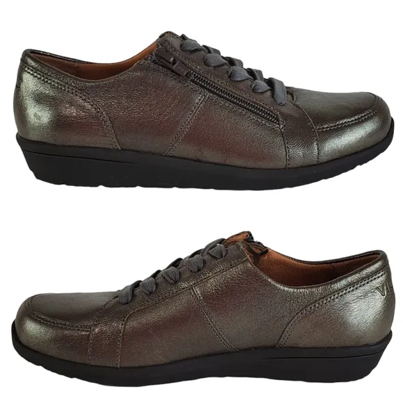 New Vionic abigail leather womens pewter metallic lace zip comfort sneakers