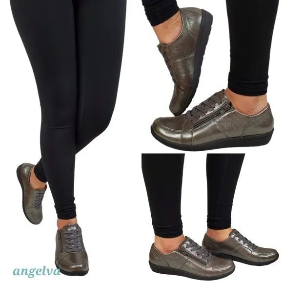 New Vionic abigail leather womens pewter metallic lace zip comfort sneakers