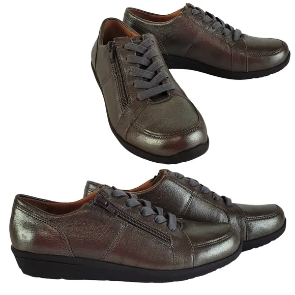 New Vionic abigail leather womens pewter metallic lace zip comfort sneakers