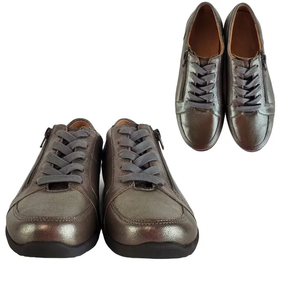 New Vionic abigail leather womens pewter metallic lace zip comfort sneakers