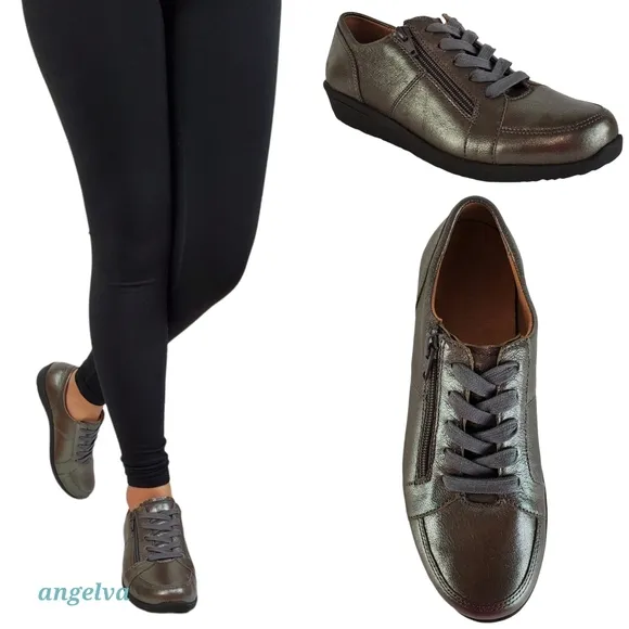 New Vionic abigail leather womens pewter metallic lace zip comfort sneakers