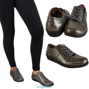 New Vionic abigail leather womens pewter metallic lace zip comfort sneakers