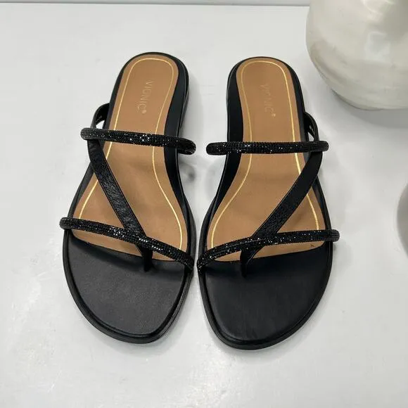 New Vionic Prism Minimalistic Shine Leather Sandals Black Women 8 M NWOB