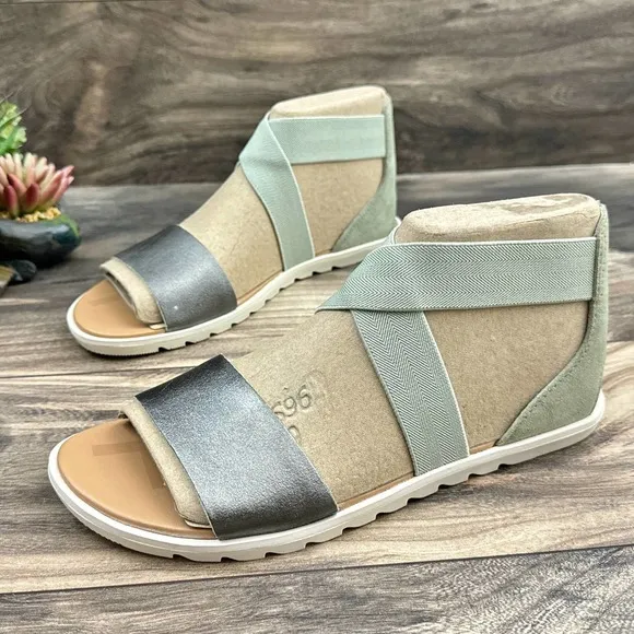 NIB SOREL Ella II Flat Sandal 8.5M Elastic Ankle Straps Safari/Chalk
