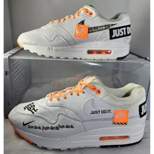Nike Men's Air Max 1 Just Do It White/Orange/Black Sneakers Size 7.5