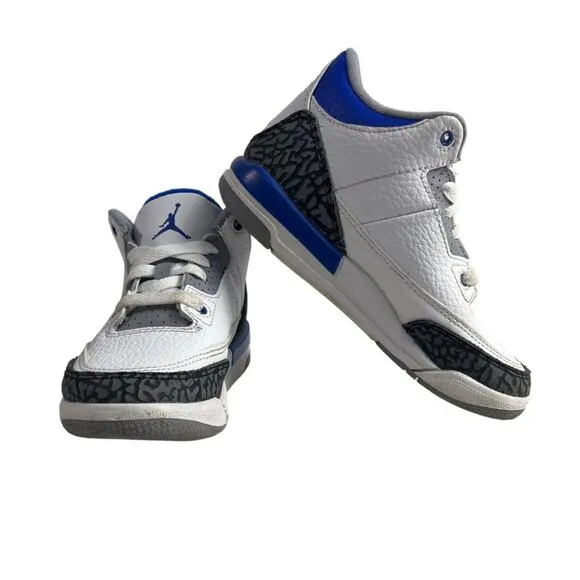 Nike Youth Boy's white Race Blue Jordan 3 Retro Mid Top Sneakers Sz 12C