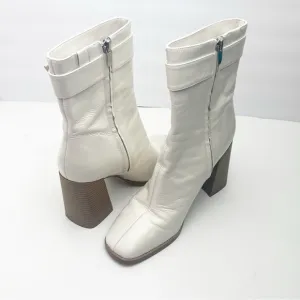 NINE WEST Taress Leather Cream Mid Calf Block Heel Square Toe Side Zip B.5