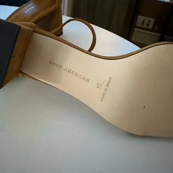 NWB Good American Block Heel Square Toe Sandals in Amber, Size 10
