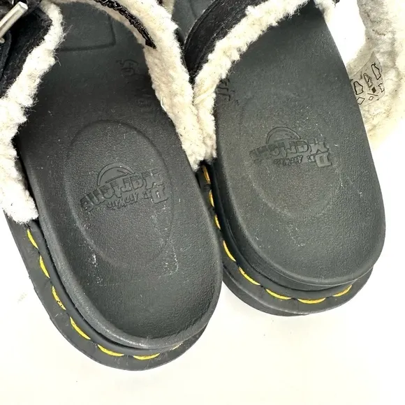 NWT Dr. Martens Myles black leather two-buckle sandals slide fur fleece NIB sz 6