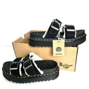 NWT Dr. Martens Myles black leather two-buckle sandals slide fur fleece NIB sz 6