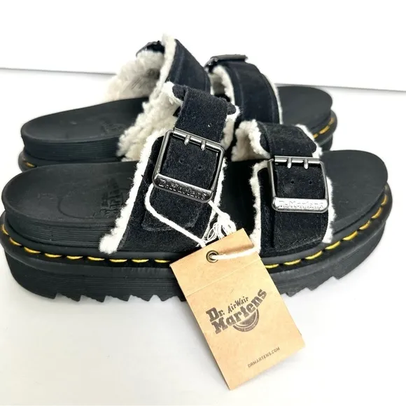 NWT Dr. Martens Myles black leather two-buckle sandals slide fur fleece NIB sz 6