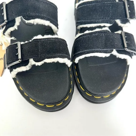 NWT Dr. Martens Myles black leather two-buckle sandals slide fur fleece NIB sz 6