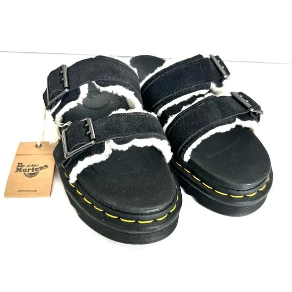NWT Dr. Martens Myles black leather two-buckle sandals slide fur fleece NIB sz 6