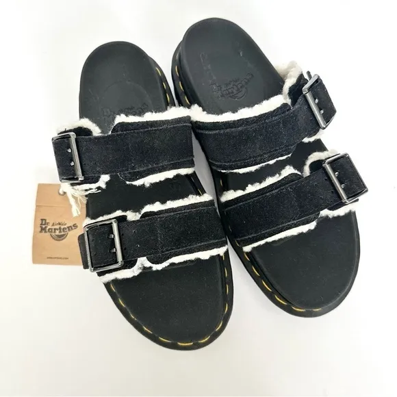 NWT Dr. Martens Myles black leather two-buckle sandals slide fur fleece NIB sz 6