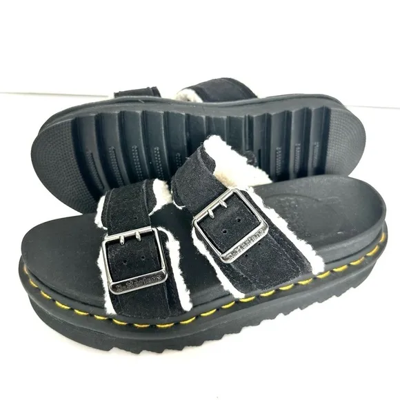 NWT Dr. Martens Myles black leather two-buckle sandals slide fur fleece NIB sz 6