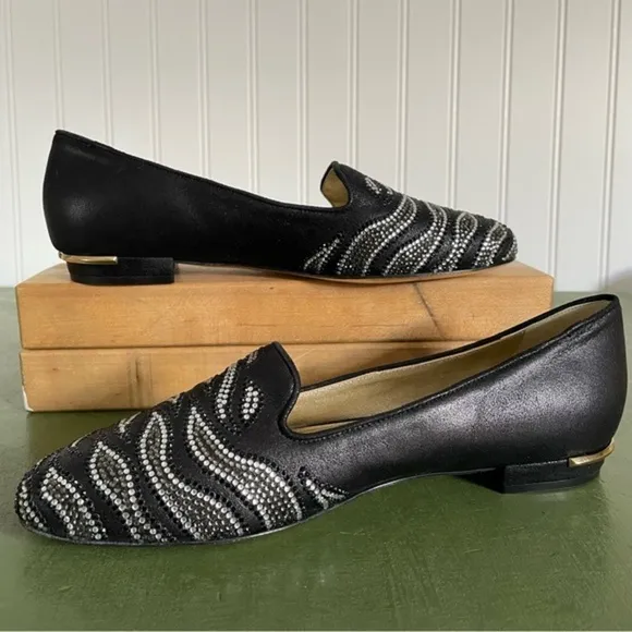 NWT Emy Mack Low Heel Shoes/Ballet Flats w Crystal Deco Black Leather *Italy*