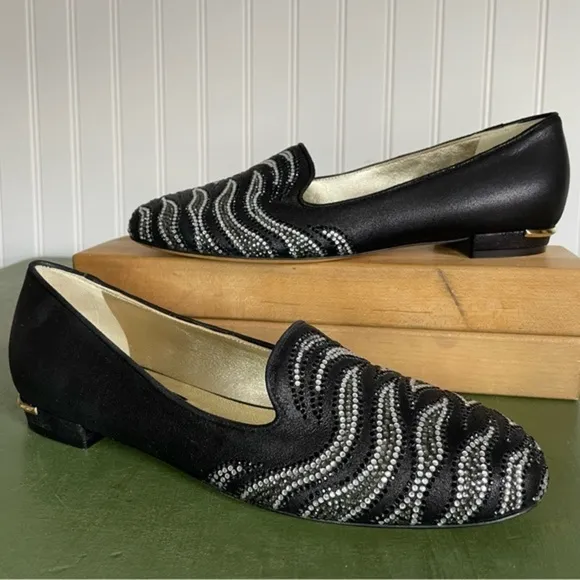 NWT Emy Mack Low Heel Shoes/Ballet Flats w Crystal Deco Black Leather *Italy*