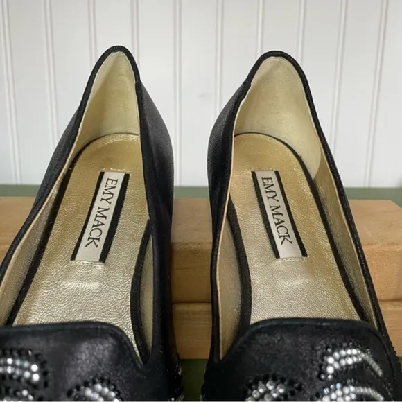 NWT Emy Mack Low Heel Shoes/Ballet Flats w Crystal Deco Black Leather *Italy*