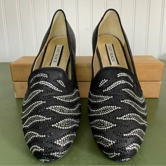 NWT Emy Mack Low Heel Shoes/Ballet Flats w Crystal Deco Black Leather *Italy*
