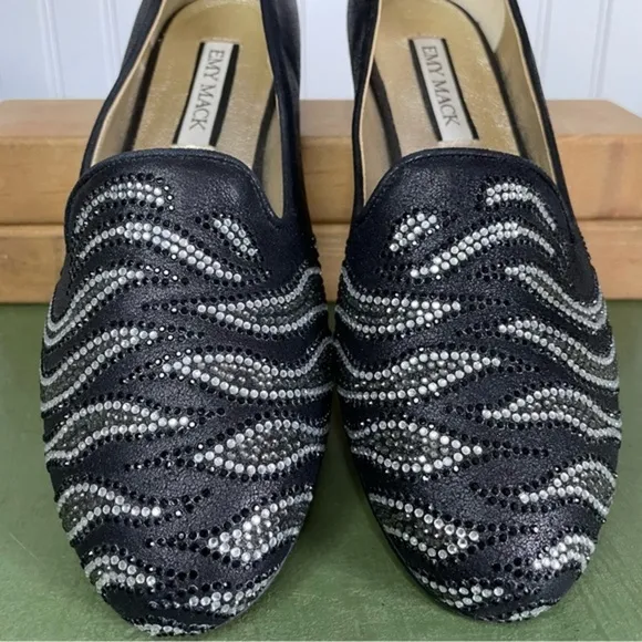 NWT Emy Mack Low Heel Shoes/Ballet Flats w Crystal Deco Black Leather *Italy*