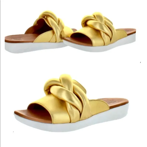 NWT FitFlop gold REAL leather Artisan FITFLOP braid front knot slides podiatric
