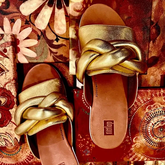 NWT FitFlop gold REAL leather Artisan FITFLOP braid front knot slides podiatric