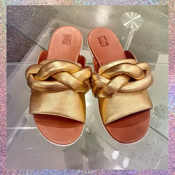 NWT FitFlop gold REAL leather Artisan FITFLOP braid front knot slides podiatric