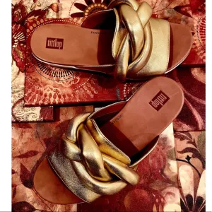 NWT FitFlop gold REAL leather Artisan FITFLOP braid front knot slides podiatric