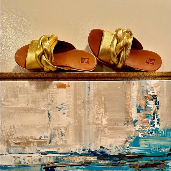 NWT FitFlop gold REAL leather Artisan FITFLOP braid front knot slides podiatric