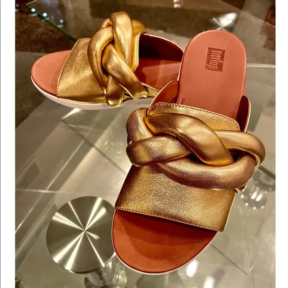 NWT FitFlop gold REAL leather Artisan FITFLOP braid front knot slides podiatric