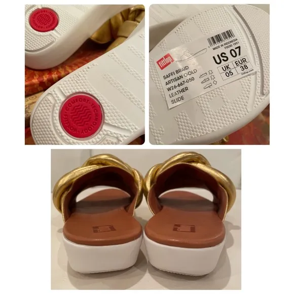 NWT FitFlop gold REAL leather Artisan FITFLOP braid front knot slides podiatric