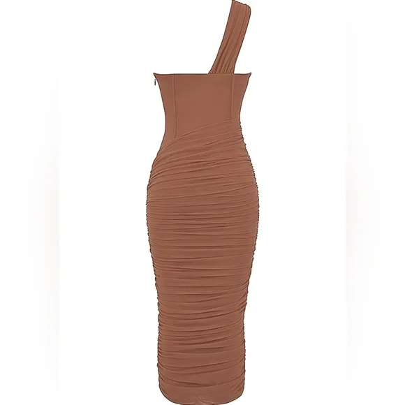 NWT House of CB VALENTINA MOCHA CHOCOLATE ASYMMETRIC‎ CUTOUT MIDI DRESS XS plus