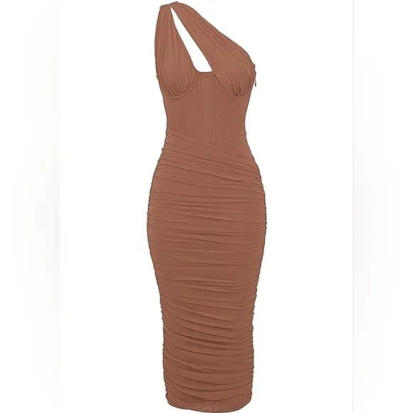 NWT House of CB VALENTINA MOCHA CHOCOLATE ASYMMETRIC‎ CUTOUT MIDI DRESS XS plus