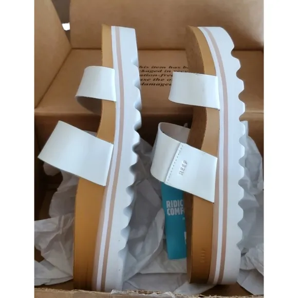 NWT IOB Reef Cushion Vista Hi White Slide Cork Sandals Womens 10 Vegan