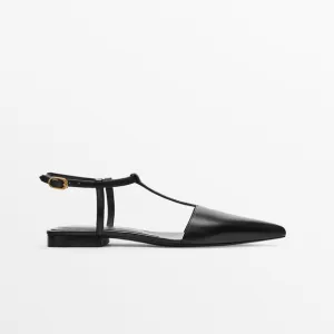 NWT. Massimo Dutti Black Leather Flat Slingback Shoes. Size 8.