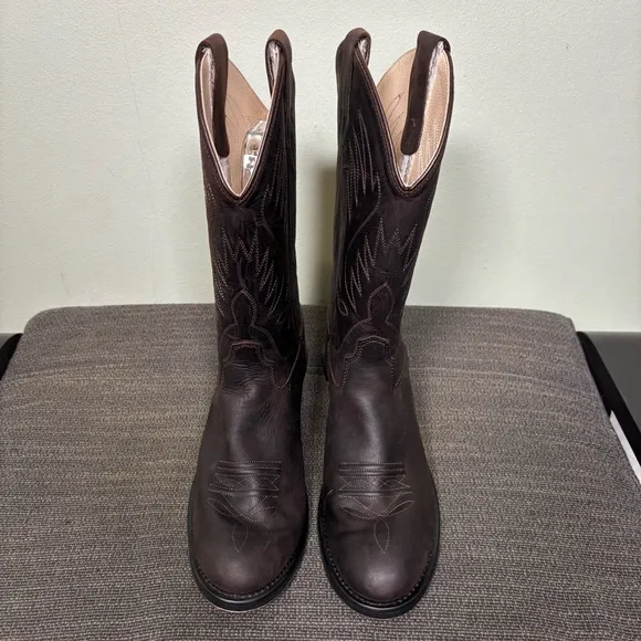 Old West Cowboy Western Boots-Dark Brown-Leather-Women Size 7/Youth Size 5.5